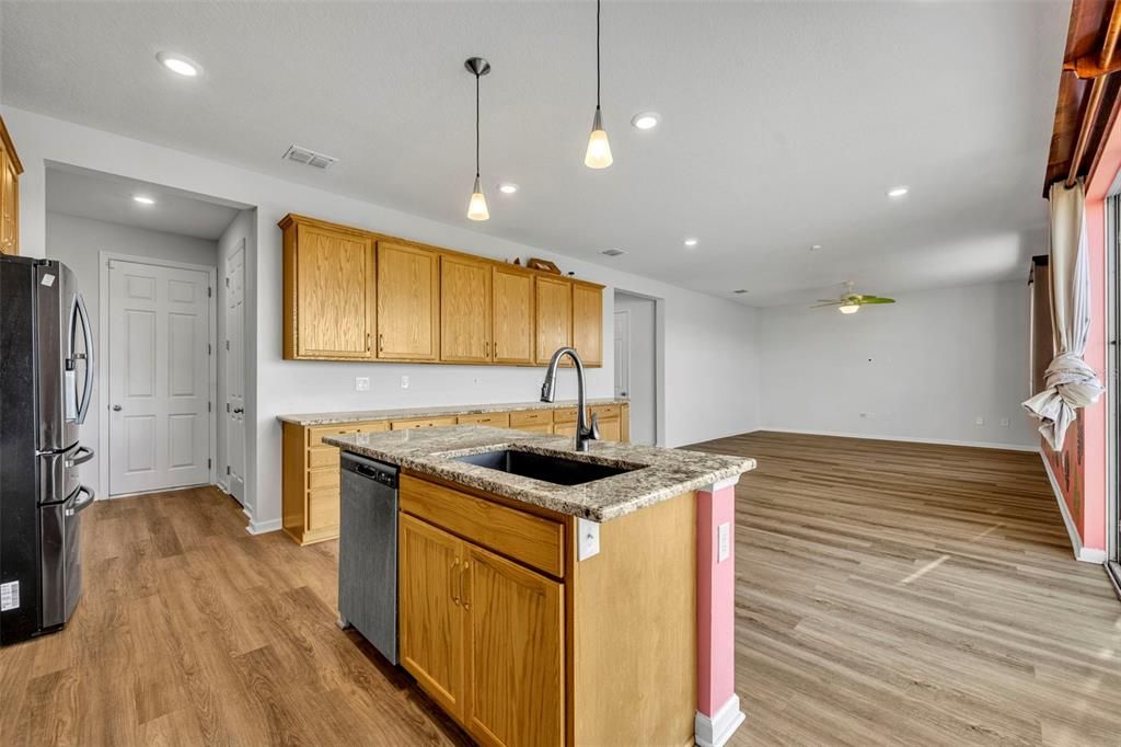 Interior, Kitchen, Pendant Lights, Recessed Lighting, Wood Texture Flooring