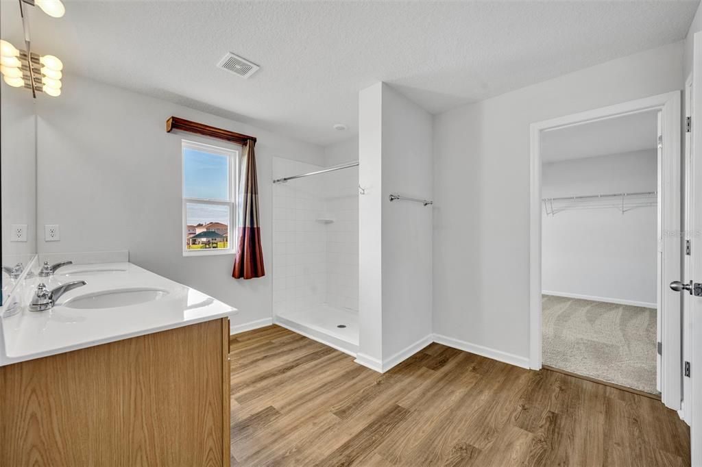 Bathroom, Dual Sink Vanities, Interior, Walk-in Closets, Wood Texture Flooring