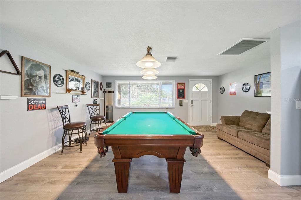 Billiard Table, Game Room, Interior, Pendant Lights, Wood Texture Flooring