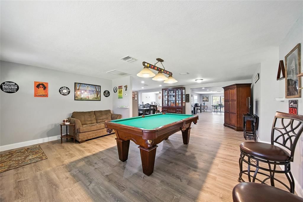 Billiard Table, Game Room, Interior, Recessed Lighting, Wood Texture Flooring