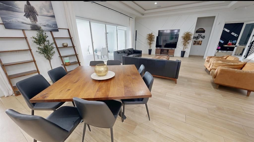 Dining room, Interior, Living room, Recessed Lighting, Wood Texture Flooring