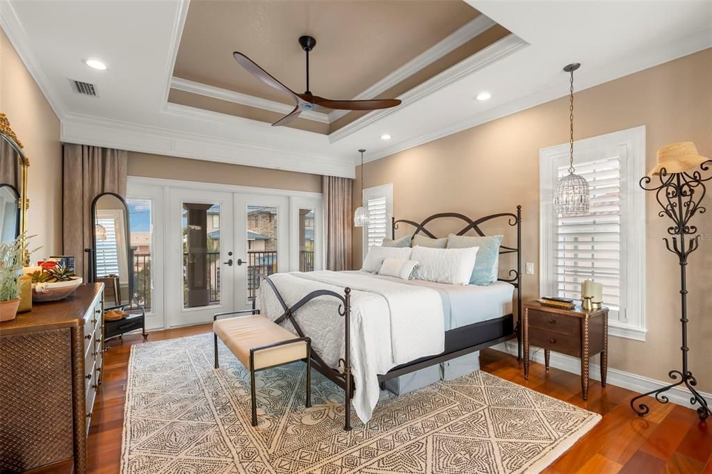 Bedroom, Chandelier, Interior, Pendant Lights, Recessed Lighting, Wood Texture Flooring