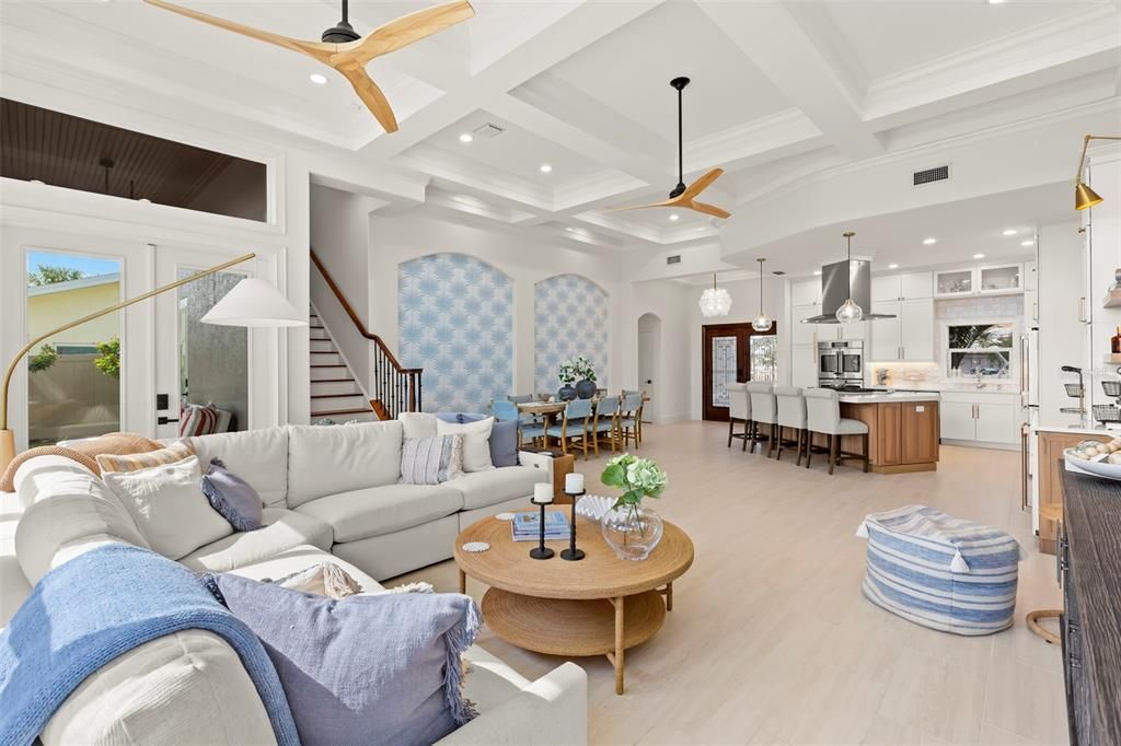 Dining room, Interior, Kitchen, Living room, Pendant Lights, Recessed Lighting, Stainless Steel Appliances, Wood Texture Flooring