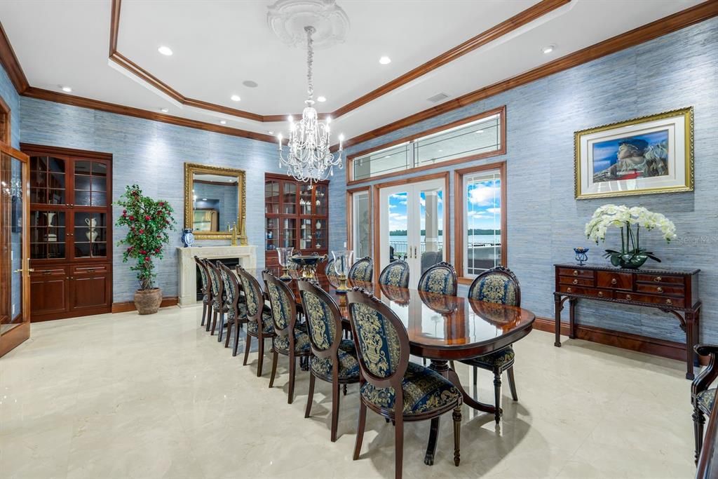 Chandelier, Dining room, Fireplace, Interior, Recessed Lighting