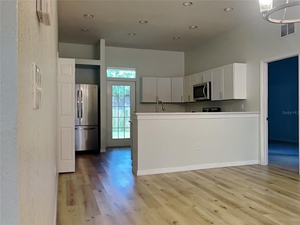 Interior, Kitchen, Recessed Lighting, Stainless Steel Appliances, Wood Texture Flooring