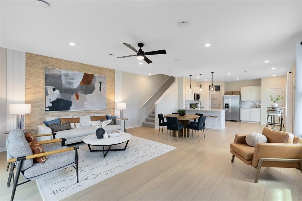 Dining room, Interior, Kitchen, Living room, Pendant Lights, Recessed Lighting, Stainless Steel Appliances, Wood Texture Flooring