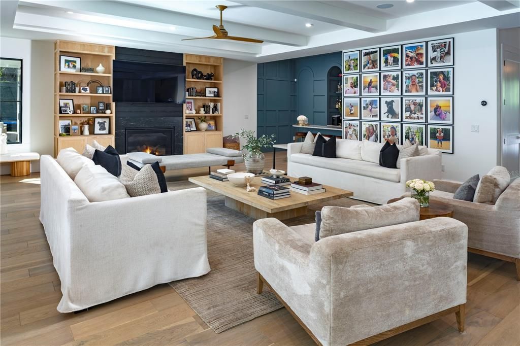 Fireplace, Interior, Living room, Recessed Lighting, Wood Texture Flooring