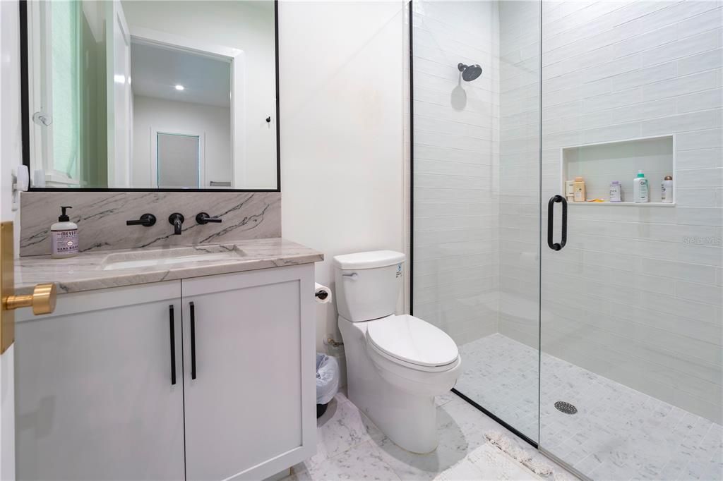 Bathroom, Glass Shower, Interior, Marble, Recessed Lighting