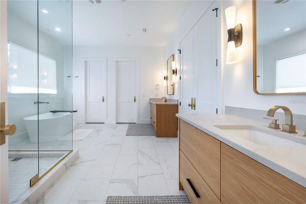 Bathroom, Dual Sink Vanities, Free Standing Baths, Glass Shower, Interior, Marble, Recessed Lighting