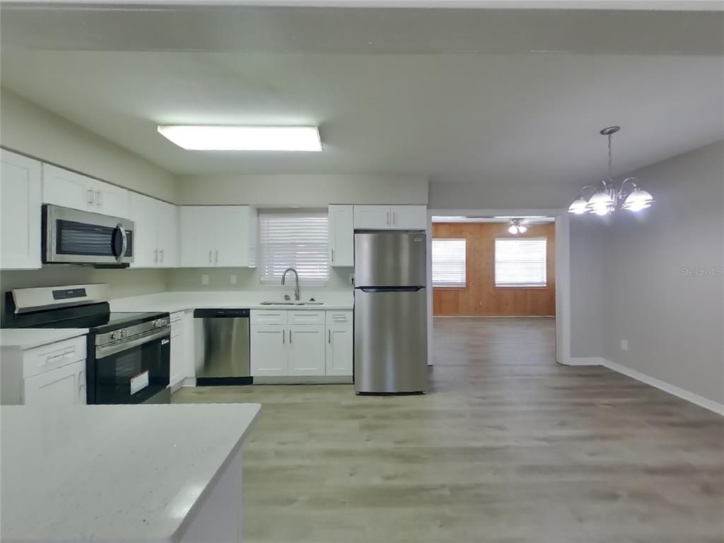 Interior, Kitchen, Pendant Lights, Stainless Steel Appliances, Wood Texture Flooring