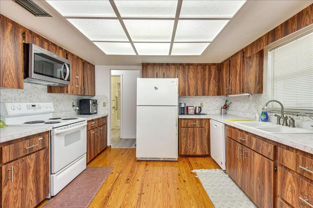 Interior, Kitchen, Tile Countertops, Wood Texture Flooring