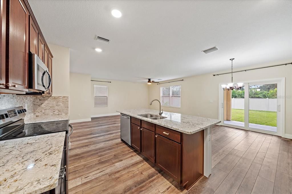 Chandelier, Interior, Kitchen, Recessed Lighting, Wood Texture Flooring