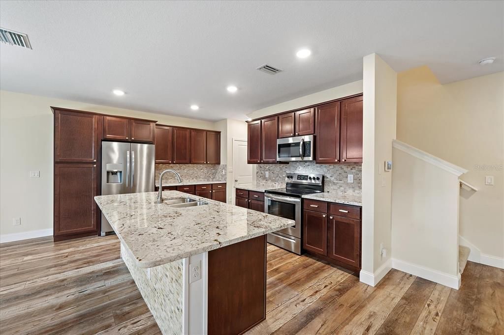 Interior, Kitchen, Recessed Lighting, Stainless Steel Appliances, Wood Texture Flooring