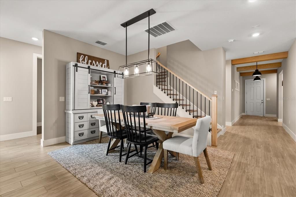 Dining room, Interior, Pendant Lights, Recessed Lighting, Wood Texture Flooring