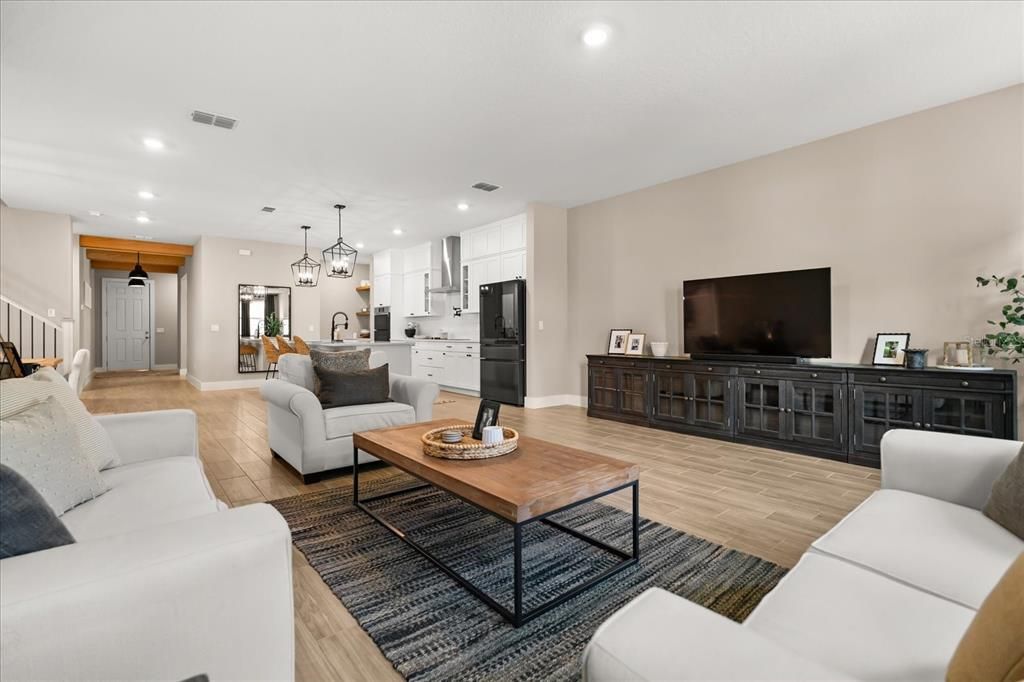 Interior, Kitchen, Living room, Pendant Lights, Recessed Lighting, Stainless Steel Appliances, Wood Texture Flooring