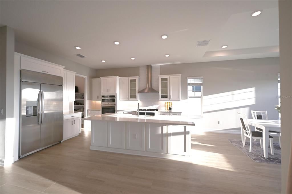 Dining room, Interior, Kitchen, Recessed Lighting, Stainless Steel Appliances, Wood Texture Flooring