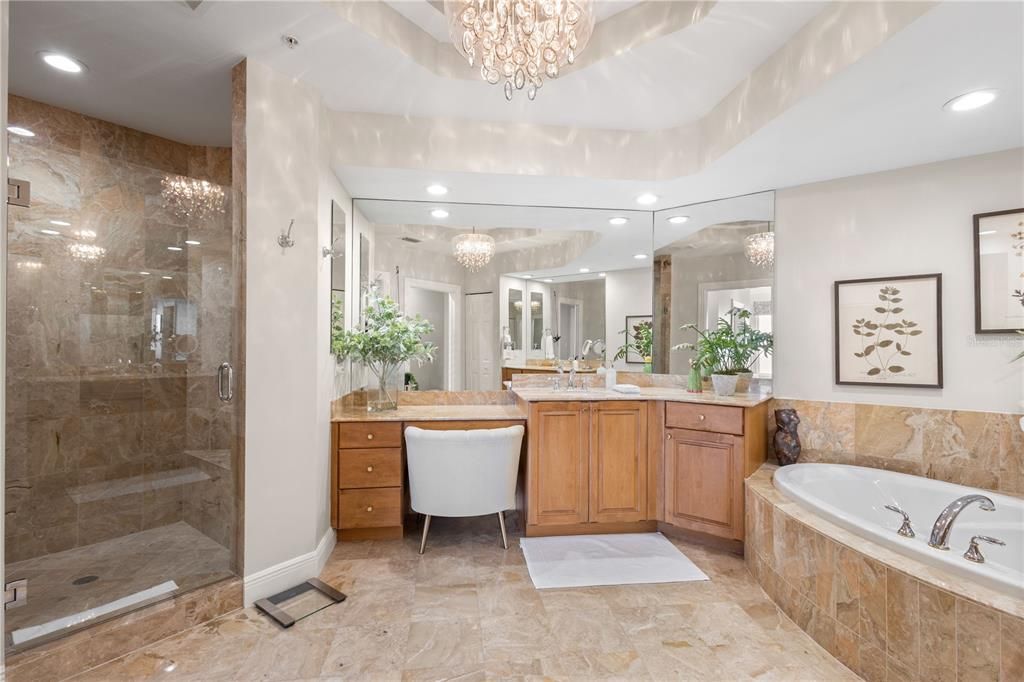 Bathroom, Chandelier, Glass Shower, Interior, Recessed Lighting