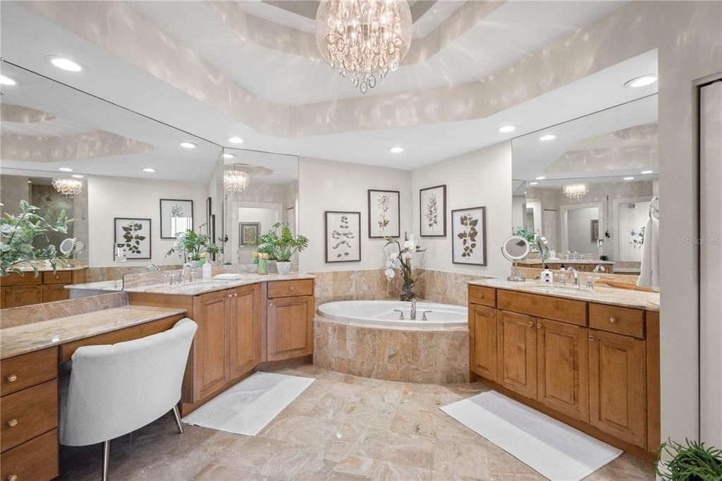 Bathroom, Chandelier, Dual Sink Vanities, Interior, Recessed Lighting