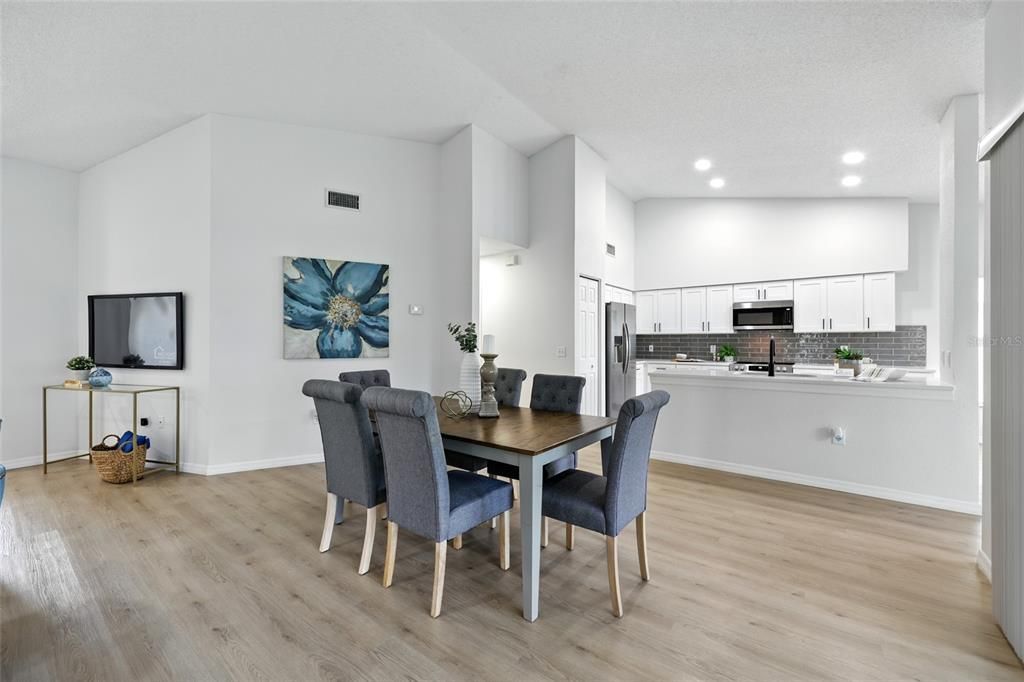 Dining room, Interior, Kitchen, Recessed Lighting, Wood Texture Flooring