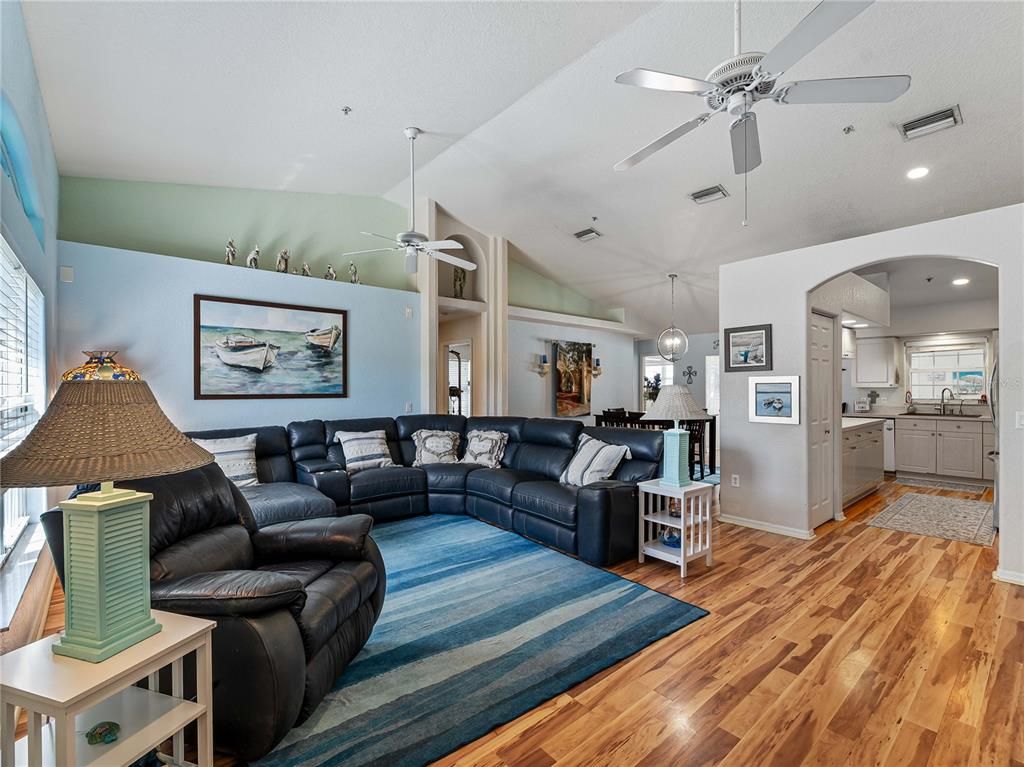 Interior, Kitchen, Living room, Pendant Lights, Recessed Lighting, Wood Texture Flooring