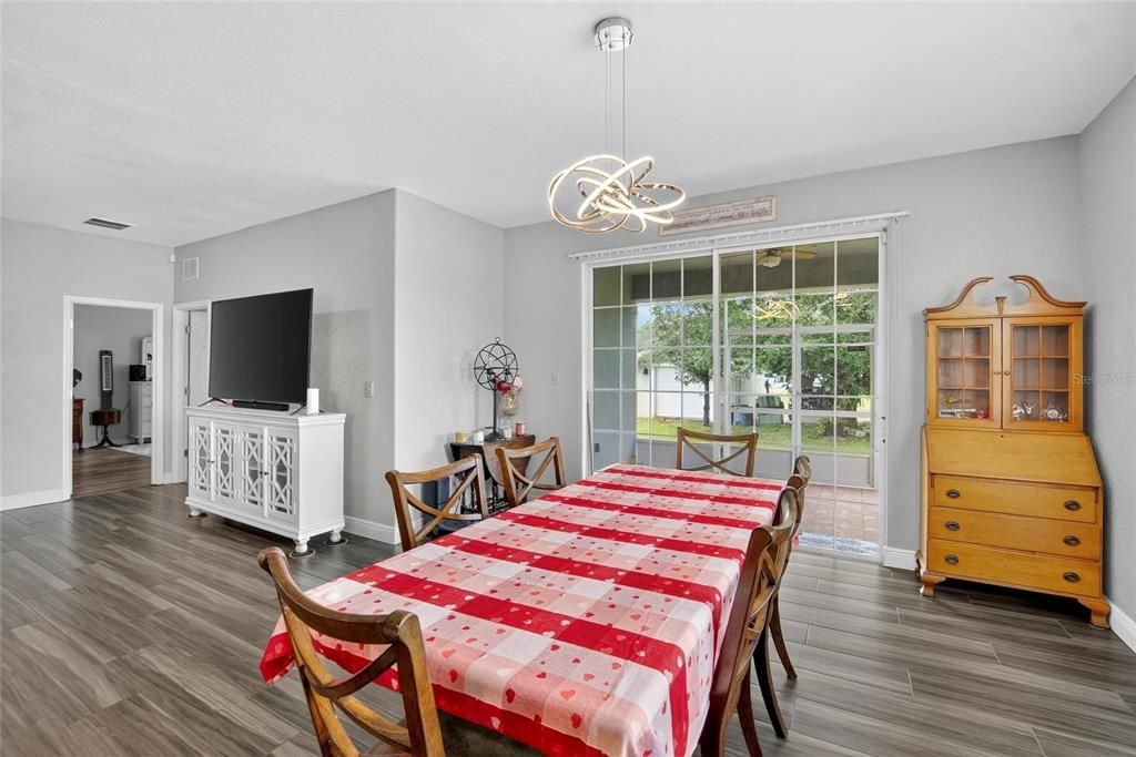 Dining room, Interior, Pendant Lights, Wood Texture Flooring