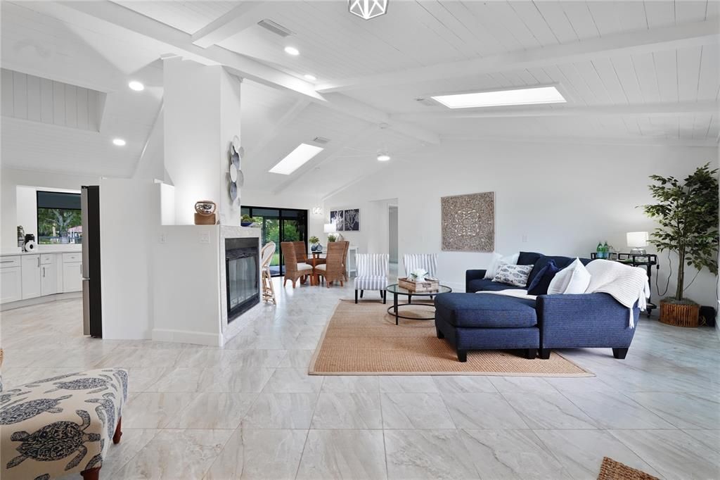 Fireplace, Interior, Living room, Marble, Recessed Lighting