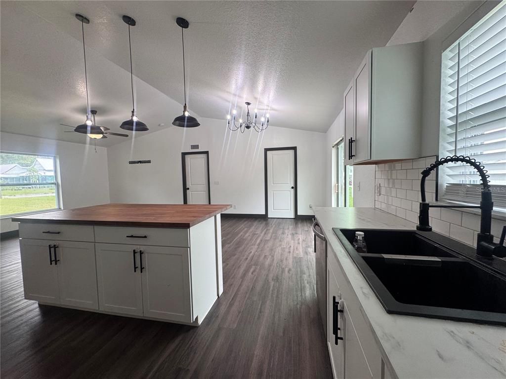Chandelier, Interior, Kitchen, Pendant Lights, Wood Texture Flooring