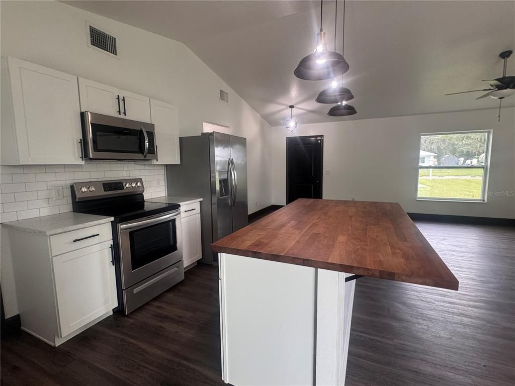 Interior, Kitchen, Pendant Lights, Stainless Steel Appliances, Wood Texture Flooring