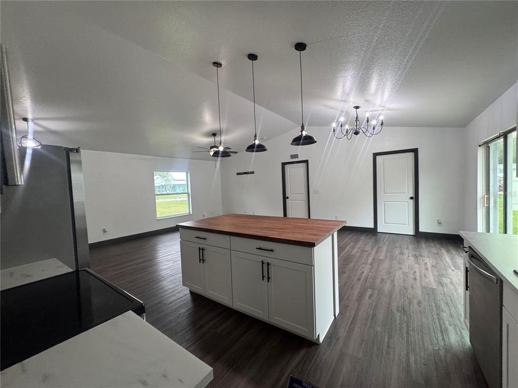 Interior, Kitchen, Pendant Lights, Wood Texture Flooring