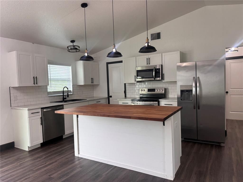 Interior, Kitchen, Pendant Lights, Stainless Steel Appliances, Wood Texture Flooring