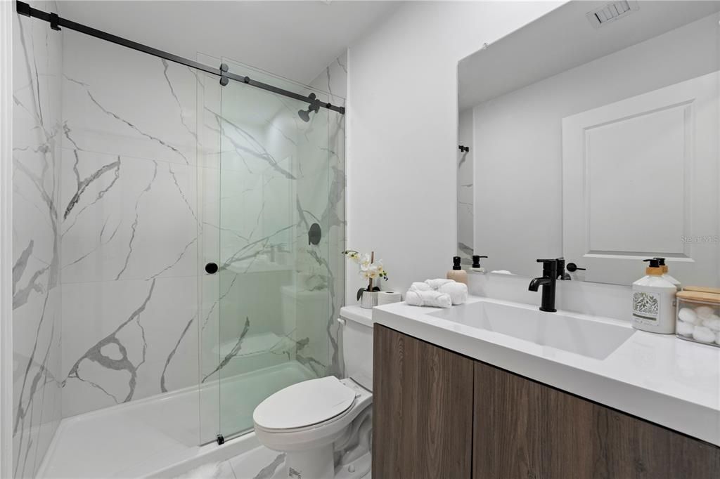 Bathroom, Glass Shower, Interior, Marble Walls