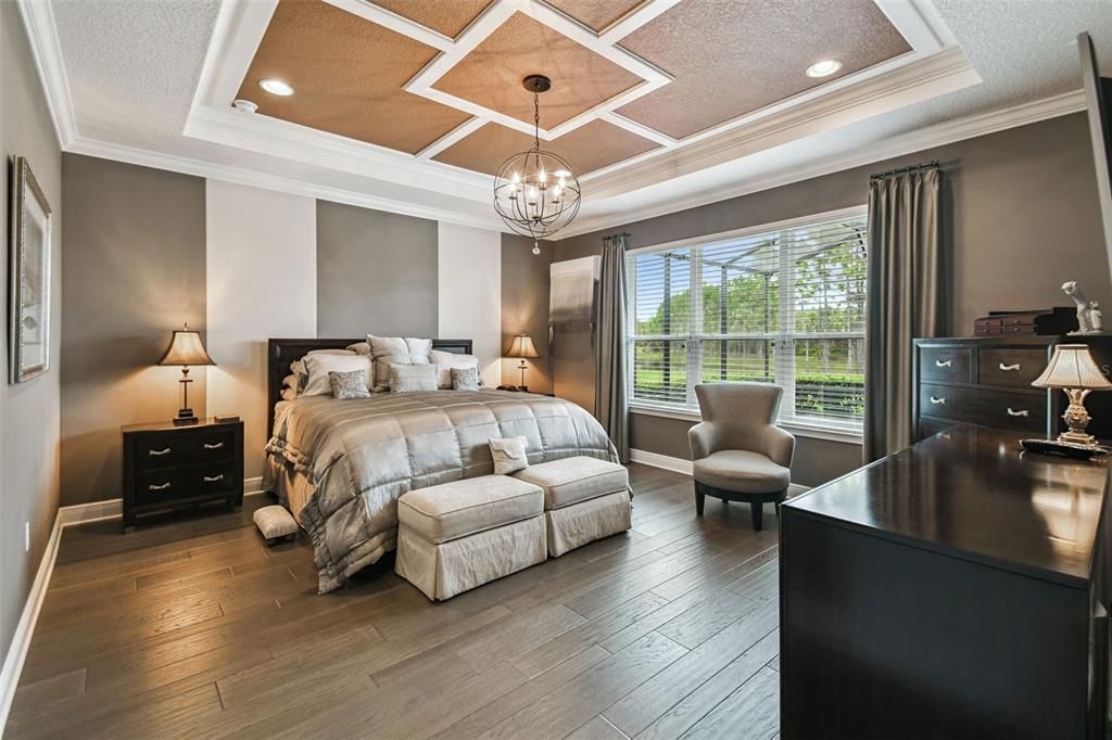 Bedroom, Chandelier, Interior, Recessed Lighting, Wood Texture Flooring