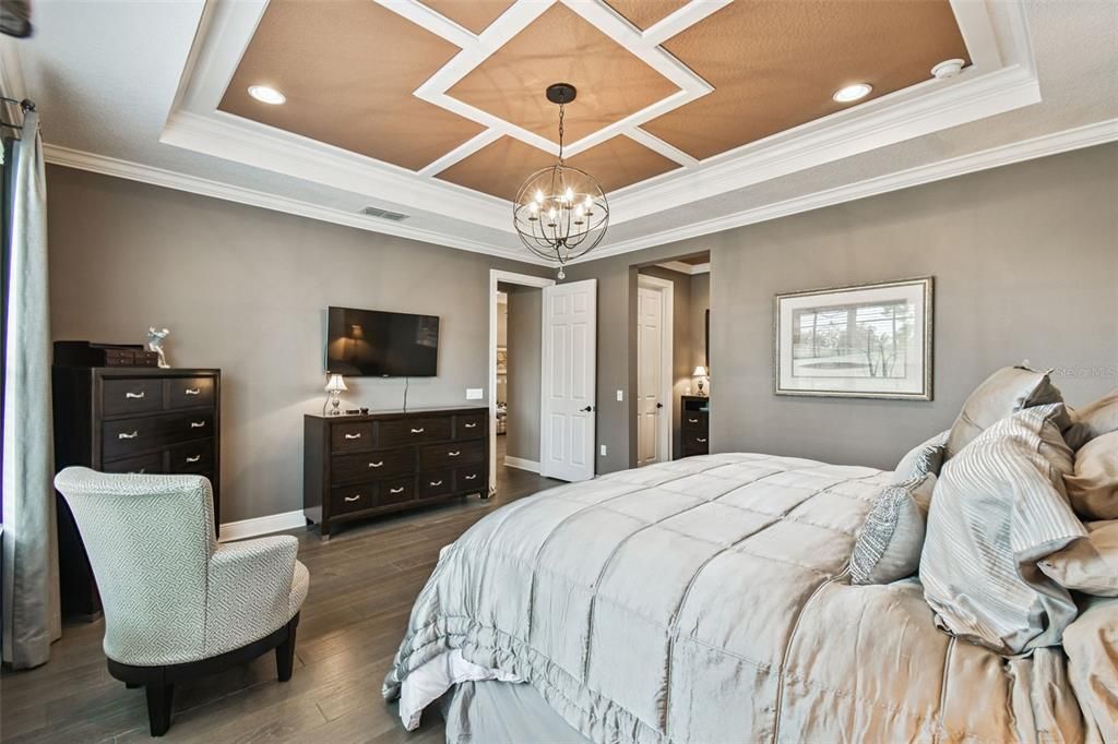 Bedroom, Chandelier, Interior, Recessed Lighting, Wood Texture Flooring