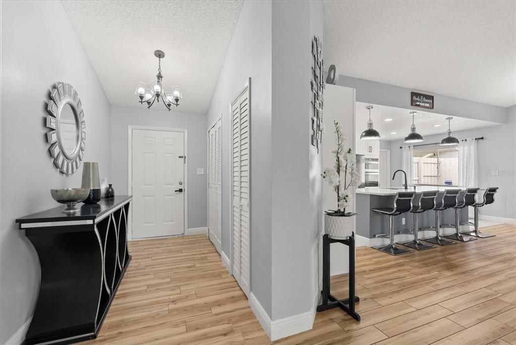 Chandelier, Interior, Kitchen, Recessed Lighting, Wood Texture Flooring