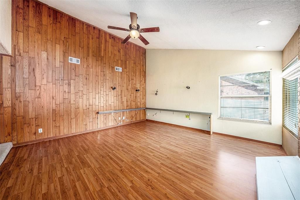 Empty room, Interior, Recessed Lighting, Wood Texture Flooring, Wooden Walls