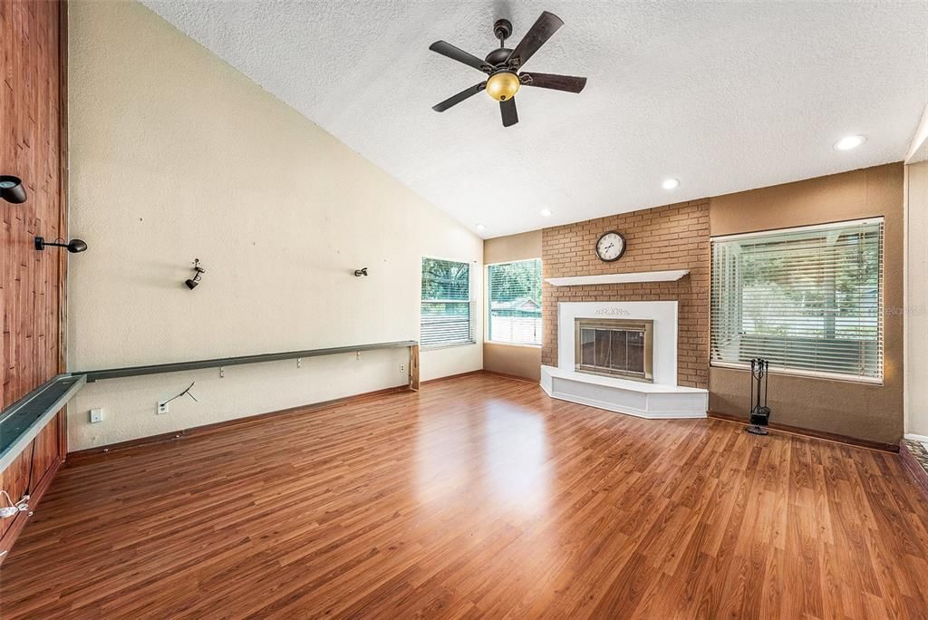 Empty room, Fireplace, Interior, Recessed Lighting, Wood Texture Flooring
