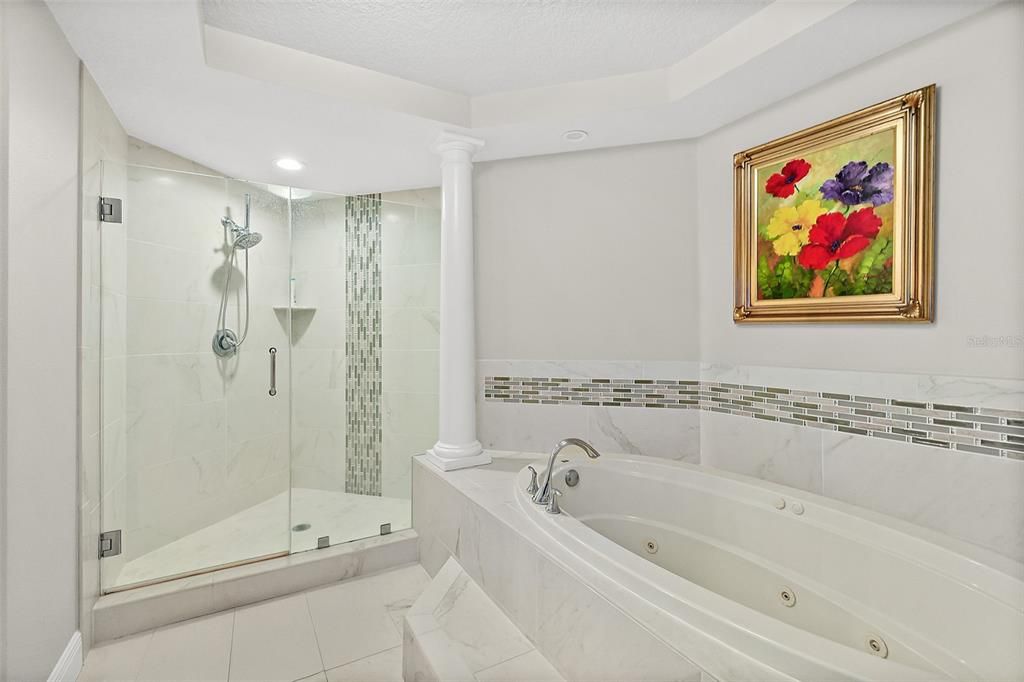 Bathroom, Glass Shower, Interior, Marble, Marble Walls, Recessed Lighting
