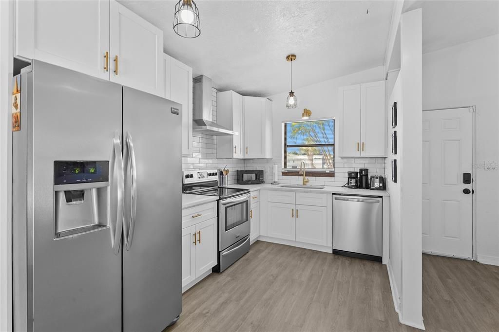 Interior, Kitchen, Pendant Lights, Stainless Steel Appliances, Wood Texture Flooring