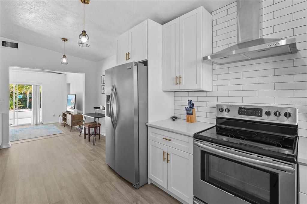 Interior, Kitchen, Pendant Lights, Stainless Steel Appliances, Wood Texture Flooring