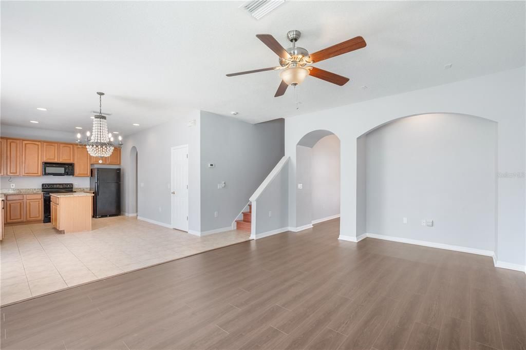 Chandelier, Empty room, Interior, Kitchen, Recessed Lighting, Wood Texture Flooring