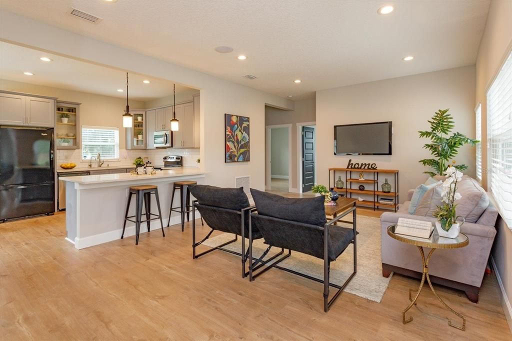 Interior, Kitchen, Living room, Pendant Lights, Recessed Lighting, Wood Texture Flooring