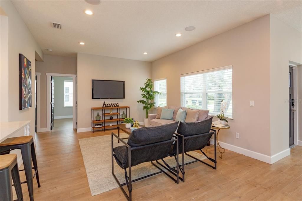 Interior, Living room, Recessed Lighting, Wood Texture Flooring