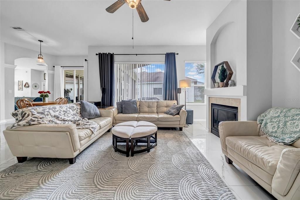 Dining room, Fireplace, Interior, Living room, Pendant Lights