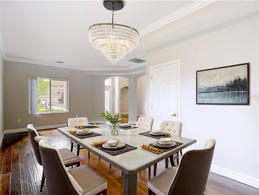 Chandelier, Dining room, Interior, Wood Texture Flooring