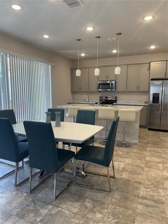 Dining room, Interior, Kitchen, Pendant Lights, Recessed Lighting, Stainless Steel Appliances