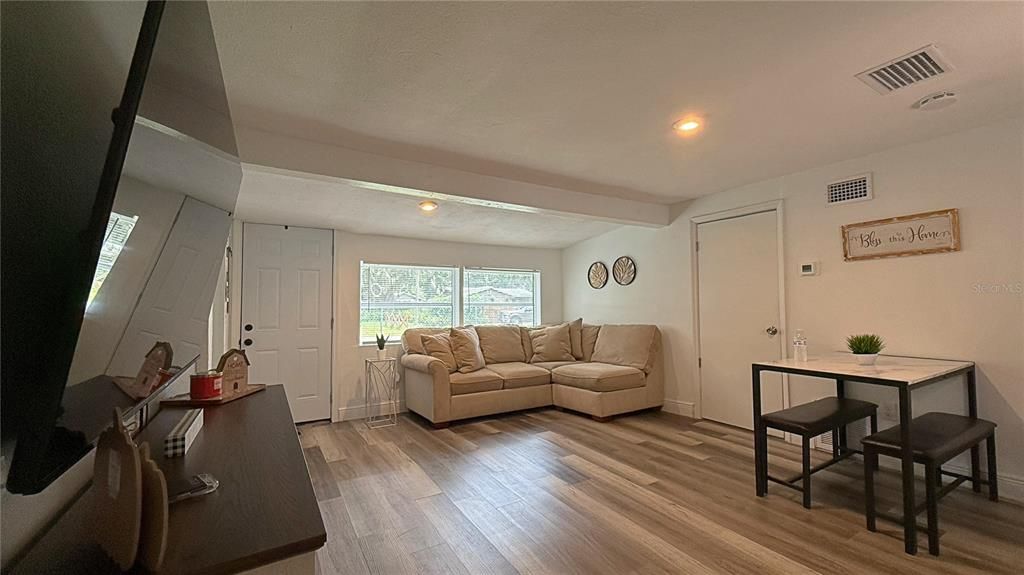 Dining room, Interior, Living room, Recessed Lighting, Wood Texture Flooring