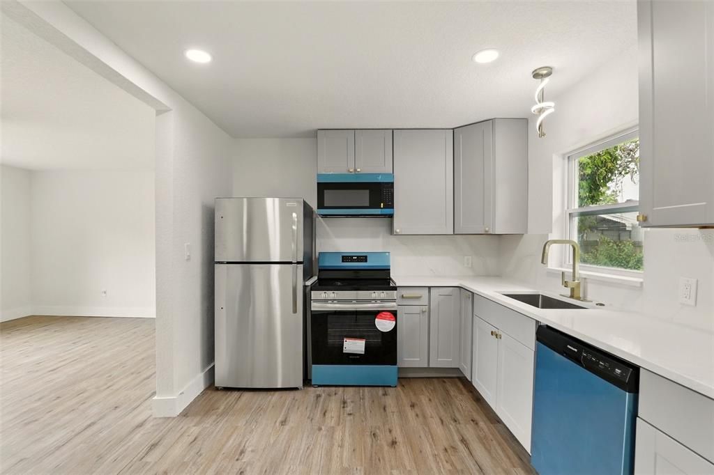Interior, Kitchen, Pendant Lights, Recessed Lighting, Wood Texture Flooring
