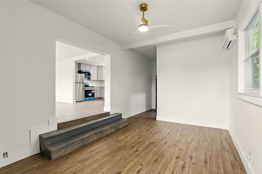 Empty room, Interior, Kitchen, Stainless Steel Appliances, Wood Texture Flooring