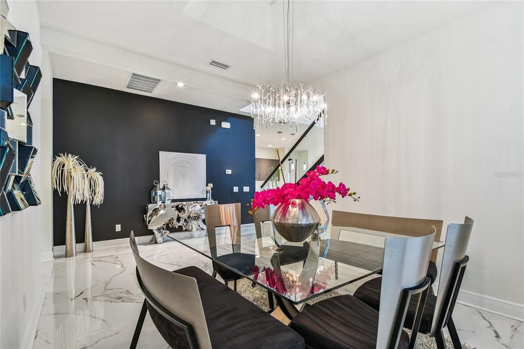 Chandelier, Dining room, Interior, Marble, Recessed Lighting