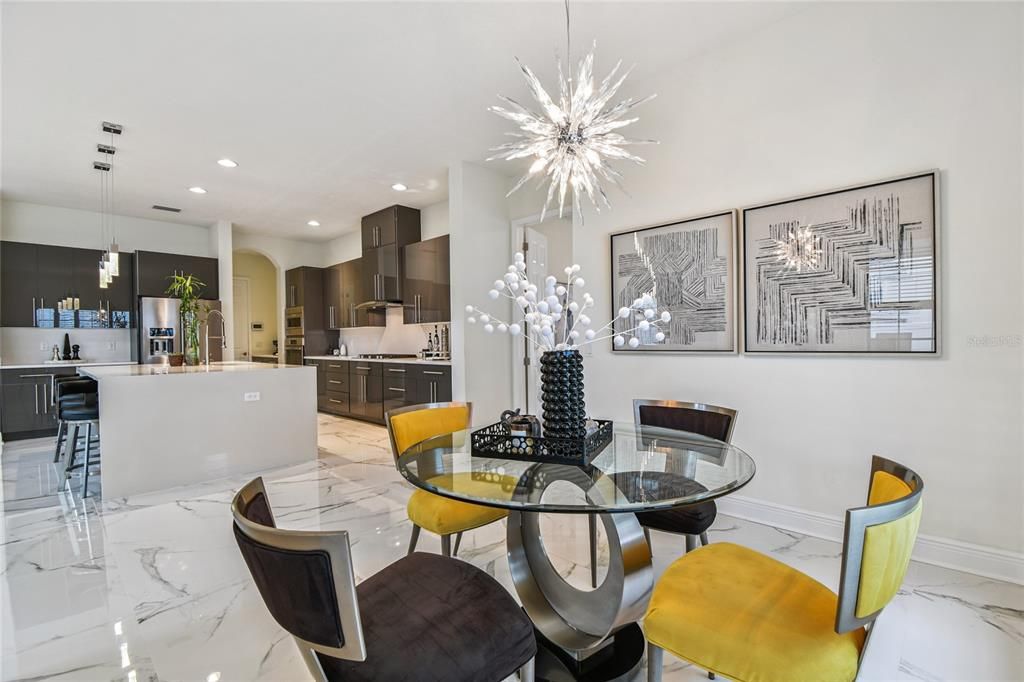 Dining room, Interior, Kitchen, Marble, Pendant Lights, Recessed Lighting